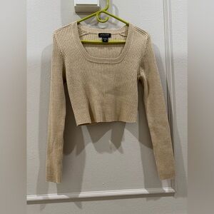 New York & Company L Tan/Gold Ribbed y2k Knit glitter sparkle Cropped Sweater